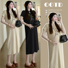 批发实拍孕妇连衣裙夏季新中式盘扣国风刺绣改良<b class='q'>旗袍</b>气质孕妇装