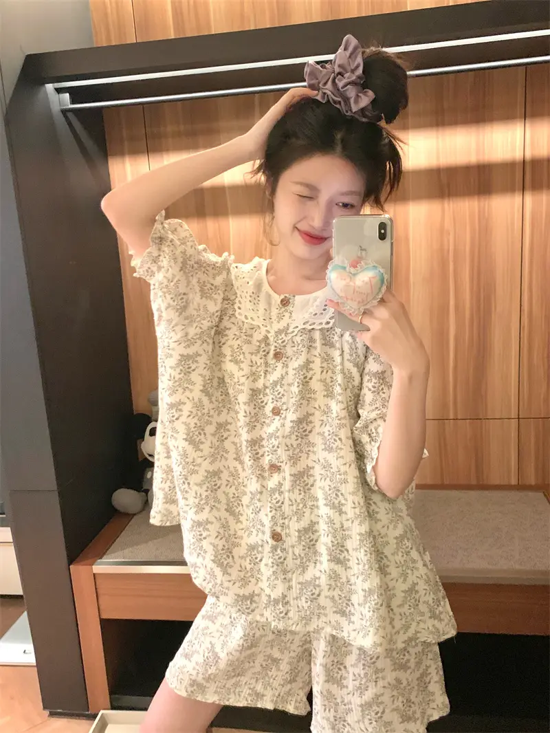 한국인기 러블리 플라워 라운드넥 반소매 홈웨어 세트 상세 이미지 2