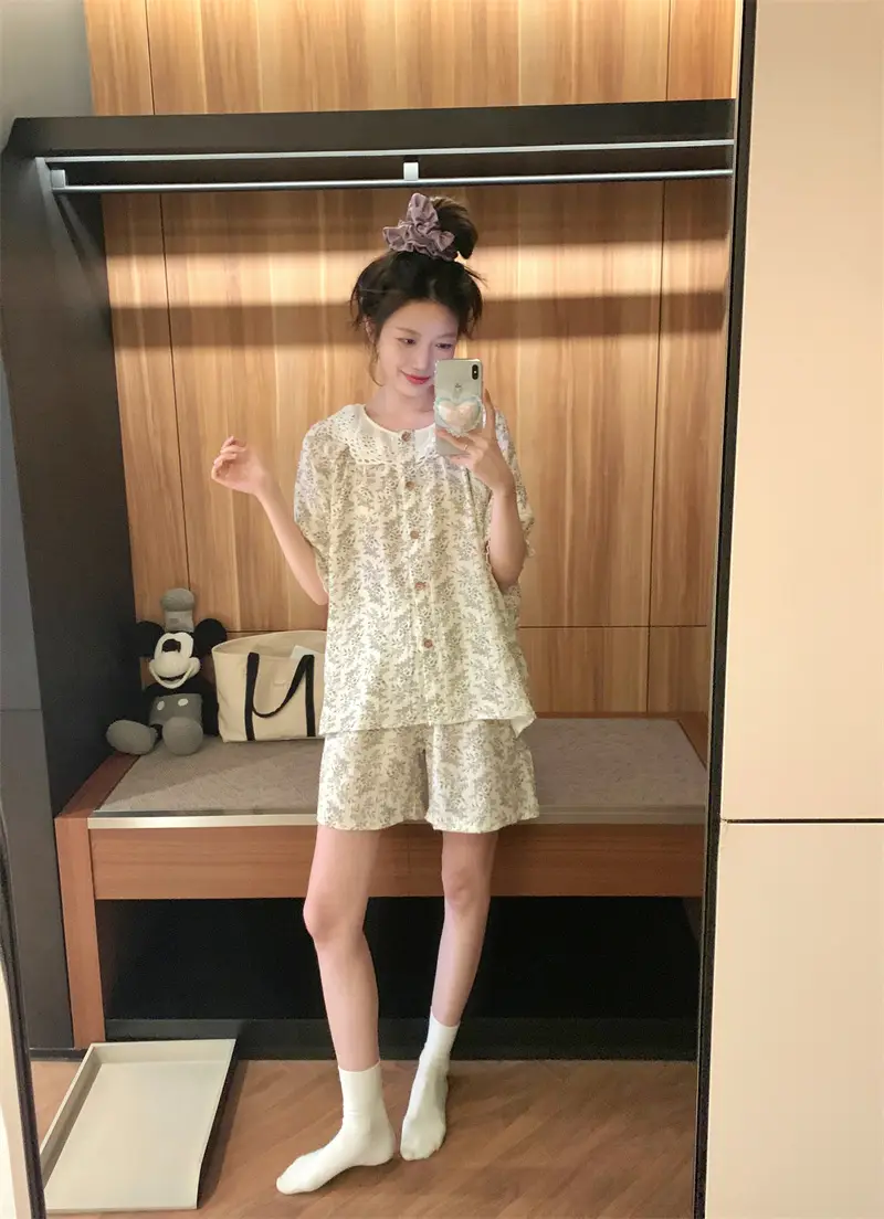 한국인기 러블리 플라워 라운드넥 반소매 홈웨어 세트 상세 이미지 4
