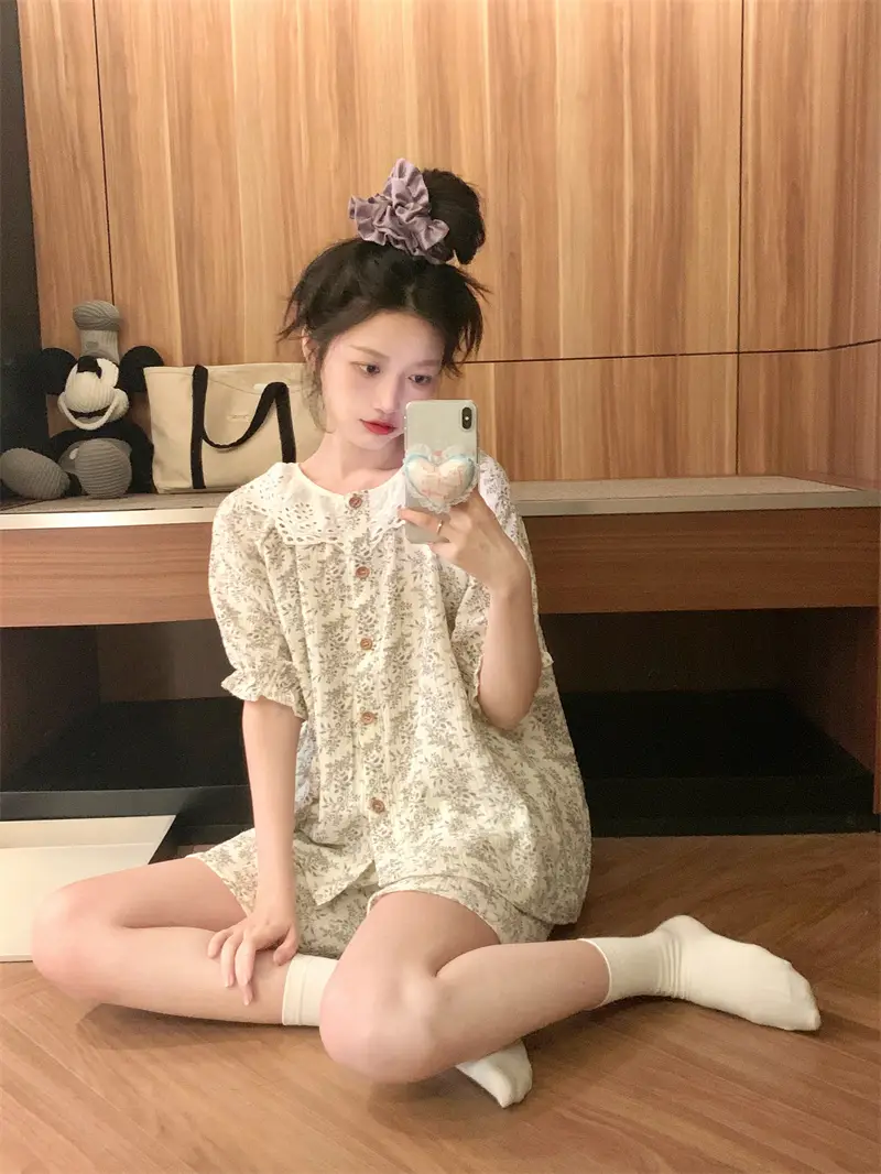 한국인기 러블리 플라워 라운드넥 반소매 홈웨어 세트 상세 이미지 7