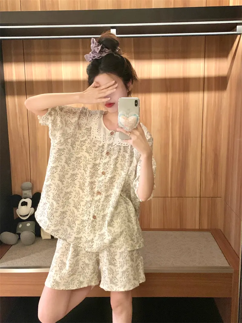 한국인기 러블리 플라워 라운드넥 반소매 홈웨어 세트 상세 이미지 8