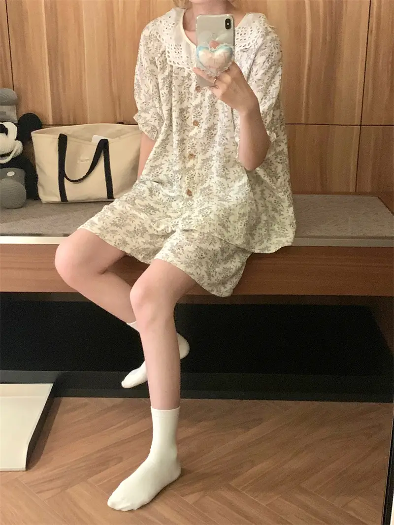 한국인기 러블리 플라워 라운드넥 반소매 홈웨어 세트 상세 이미지 11