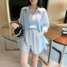 轻薄防晒外套衬衫针织条纹吊带背心抽绳短裤三件套装女夏季