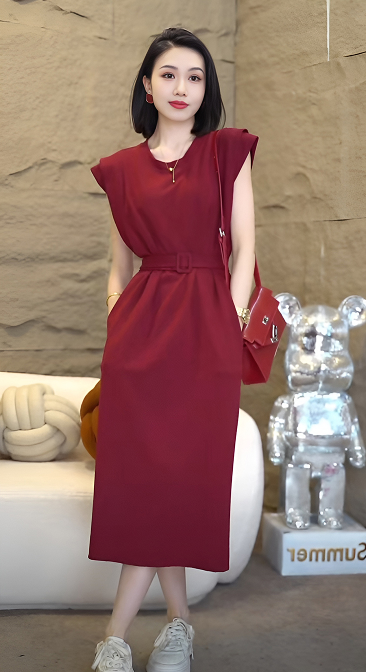 官图 高级感红色连衣裙女2024夏季新款时尚休闲收腰纯色气质裙子