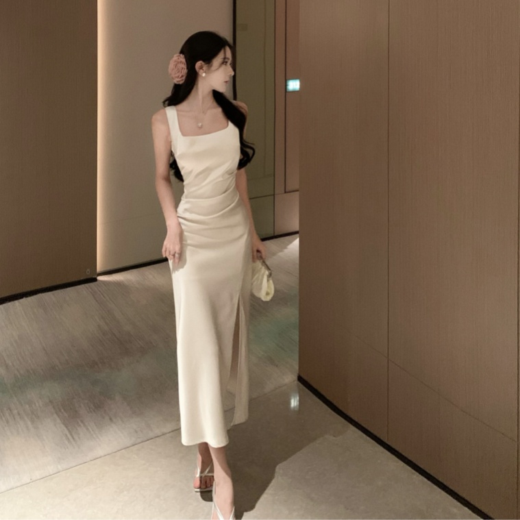 TR76267# 米白色高端气质连衣裙新款女夏修身显瘦吊带裙质感高级感