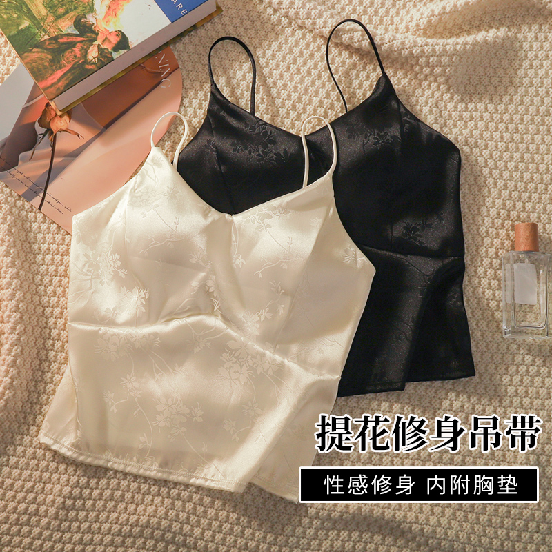Real shot of new Chinese style printed satin camisole women's summer outer wear 2024 new style beautiful straps breast pad tube top