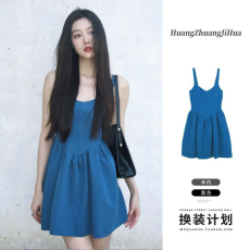 批发有拉链艺术生克莱因蓝<b class='q'>连衣裙</b>女夏季<b class='q'>可爱</b>减龄小个子别致吊带裙