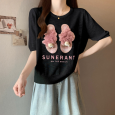 批发实拍大码夏款洋气显瘦设计感可爱立体小拖鞋甜美百搭针织<b class='q'>上衣</b>女