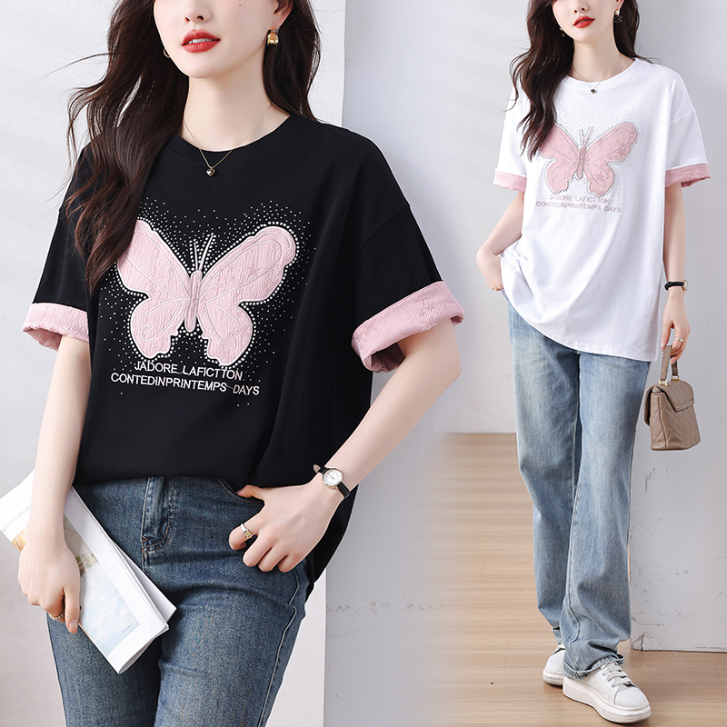 PF8630#夏季新款时尚蝴蝶花高级T恤女裝貨源服裝批發