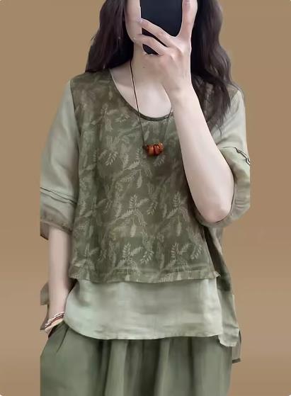 패션 면 린넨 세트 여성 2026 여름 새로운 프린트 패치워크 페이크 레이어드 맨위 하렘 바지 슬림해 보이는 투피스 세트