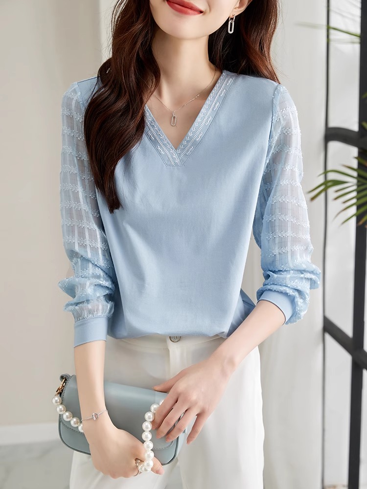 RY96# 2026春秋新款女装温柔风提花雪纺长袖拼接假两件V领T恤上衣