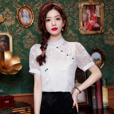 批发实拍国风提花短袖<b class='q'>衬衫</b>女夏装新款设计感百搭显瘦<b class='q'>雪纺</b>复古盘扣上衣
