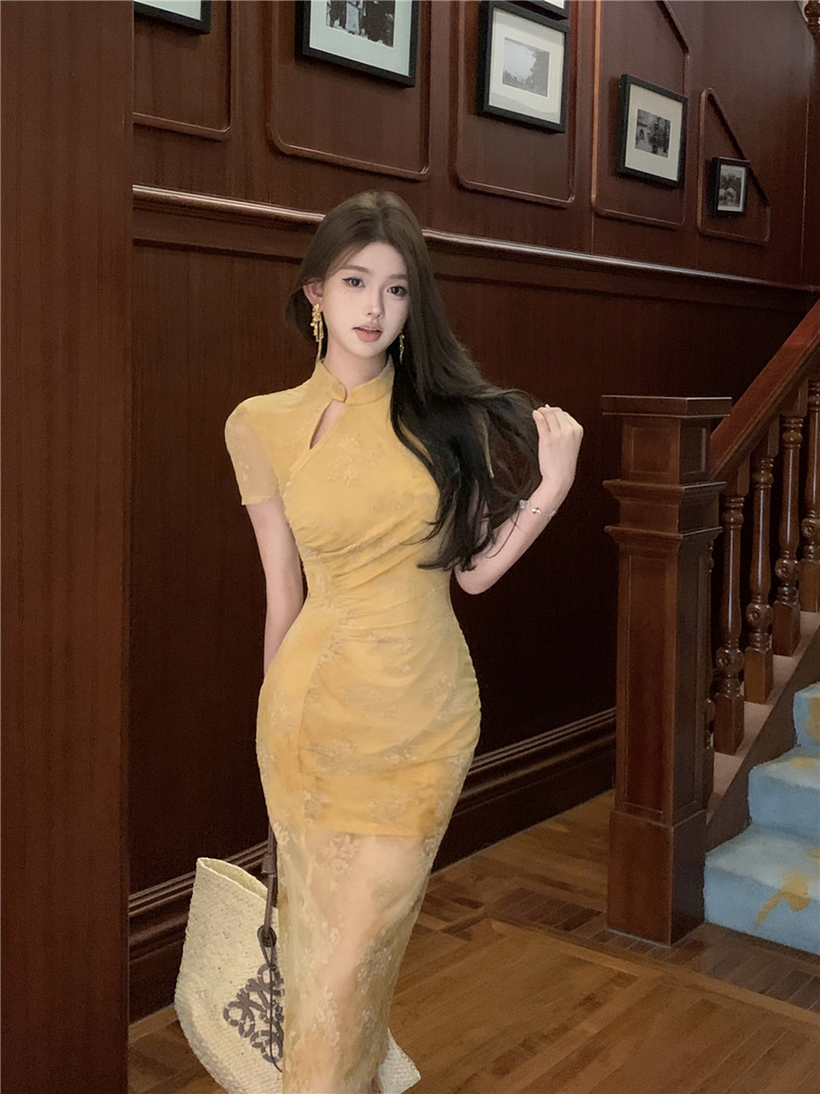 실사 레트로 섹시함 새로운 중식 반팔 망사 개선 치파오 꽃무늬 몸매 가꾸기 슬림해 보이는 타이트 스커트 여성 드레스