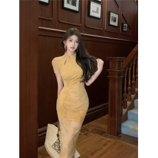 批发实拍复古性感新中式短袖网纱改良旗袍碎花修身显瘦包臀<b class='q'>连衣裙</b>女