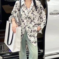 批发实拍韩版春季蝴蝶碎花印花宽松大版防晒衣外套女显瘦原宿风<b class='q'>衬衫</b>潮