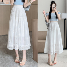 批发实拍 小众设计感镂空蕾丝半身裙女夏季新款高腰显瘦A字裙仙女长裙