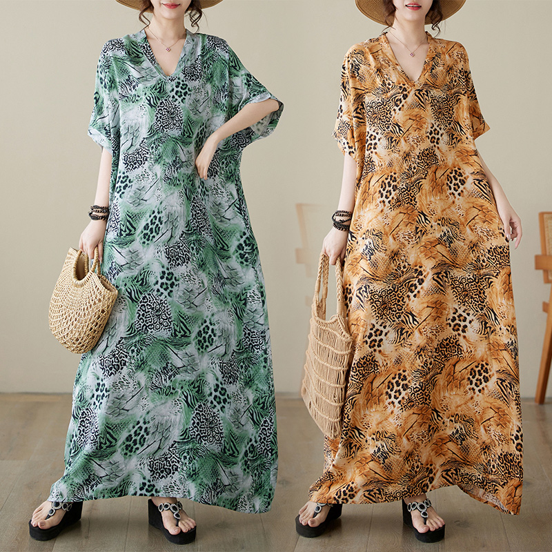 RY1195# 实拍24夏季V领薄绵绸花大码宽松度假风沙滩裙复古遮肉长款袍...