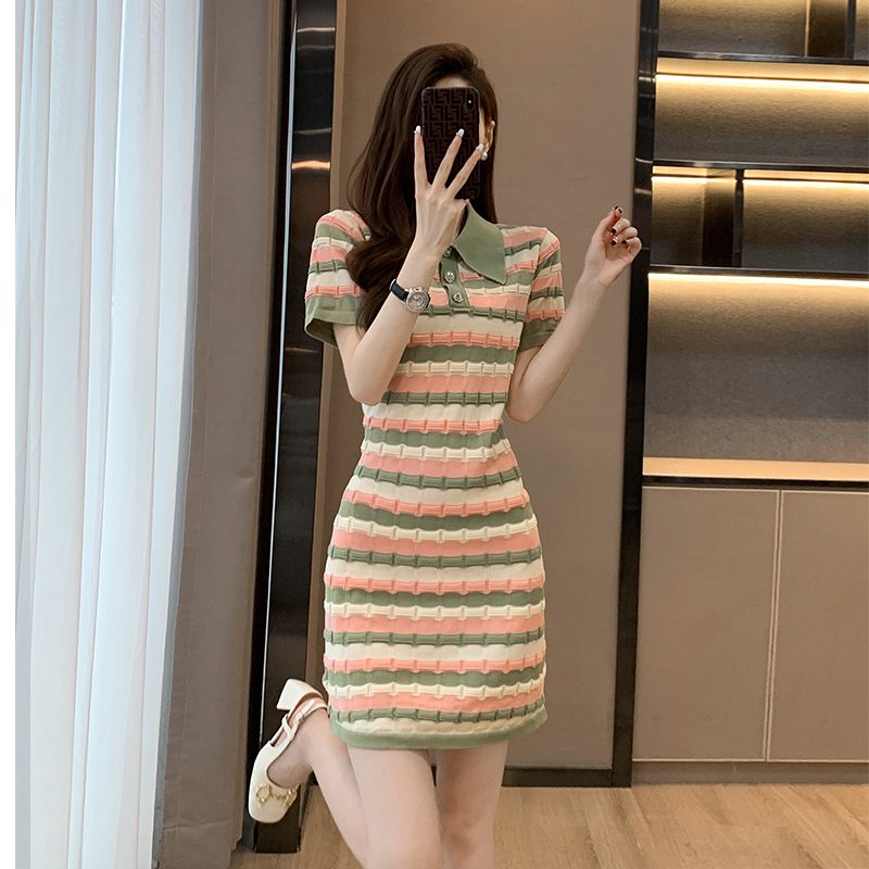 PF6267#设计感polo条纹法式针织连衣裙新款夏季小众设计包臀裙修身显...