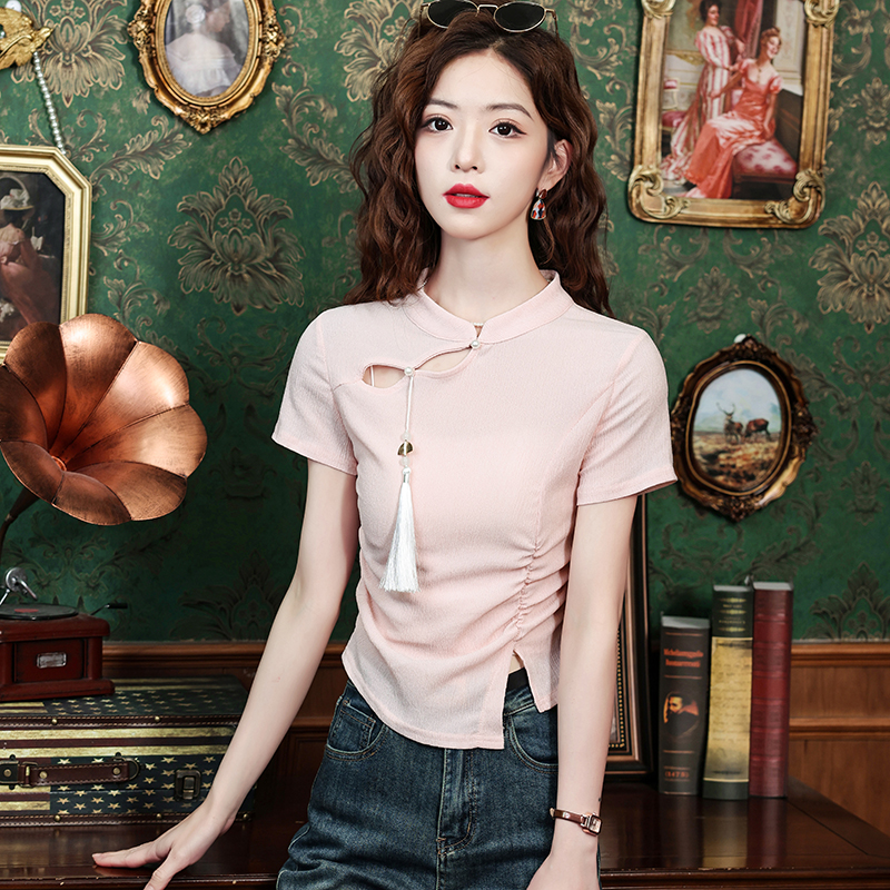PF9685#夏季新款韩版设计感不规则开叉盘扣修身T恤新中式立领上衣女女裝...
