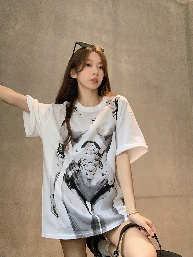 PF5892#韩chic简约个性机械印花宽松短袖T恤女裝貨源服裝批發