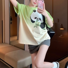批发仿棉 夏季百搭设计感绿色渐变熊猫短袖t恤女宽松大码300斤上衣ins