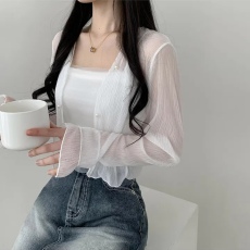 批发已出货韩国chic甜美超仙防晒长袖雪纺<b class='q'>开衫</b>＋网纱拼接针织吊带背心