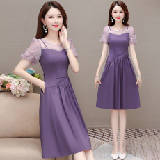 批发法式连衣裙2025女新款夏季紫色时髦拼接设计感遮肚减龄绝美a字裙