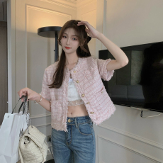 批发小香风<b class='q'>外套</b>女装秋冬新款粗花呢流苏短款百搭宽松洋气短袖上衣