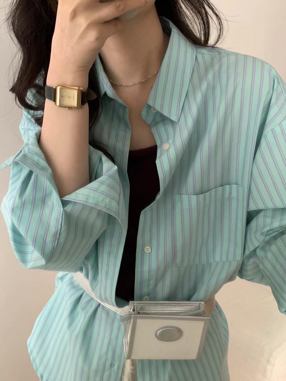박하 푸른 녹색 스트라이프 여성 셔츠 2026 년 새로운 맨위 디자인 센스 작은 대중 셔츠 재킷 봄 가을 여름