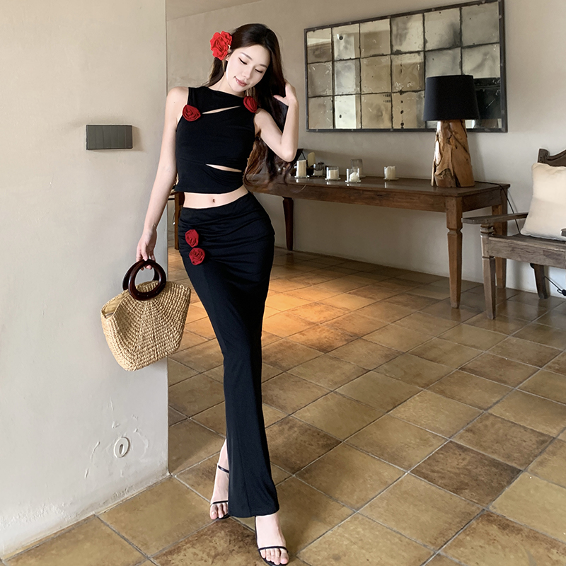 실사 2025 꽃 홀로우 아웃 검정색 민소매 조끼 맨위 순수한 욕망 세트 로우 웨이스트 트임 롱 코트 반 스커트