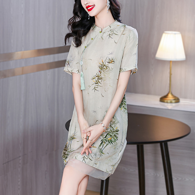 MY8468# 新中式真丝连衣裙女中长款夏装新款印花改良旗袍女裝貨源服裝批...