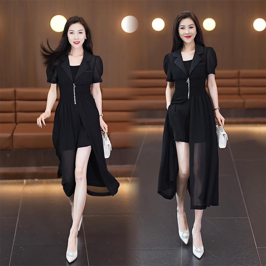 LN24142# 时尚气质短袖黑色夏季连衣裙套装洋气法式中长款韩版 服裝批發女裝批發服飾貨源