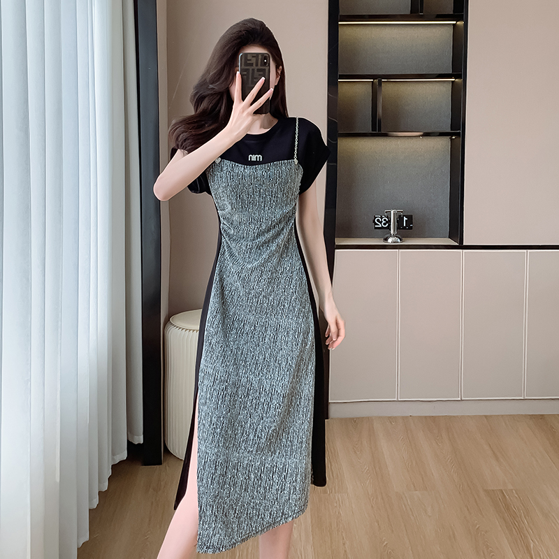 LN22529# 夏新款韩版时尚拼接假两件中长款气质开叉连衣裙服裝批發女裝批發服飾貨源