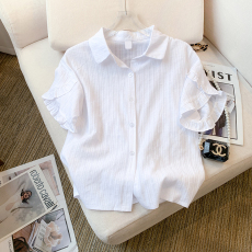 批发实拍 大货 2026<b class='q'>夏</b>季新款设计感白色衬衫喇叭袖花边短袖衬衣上衣女