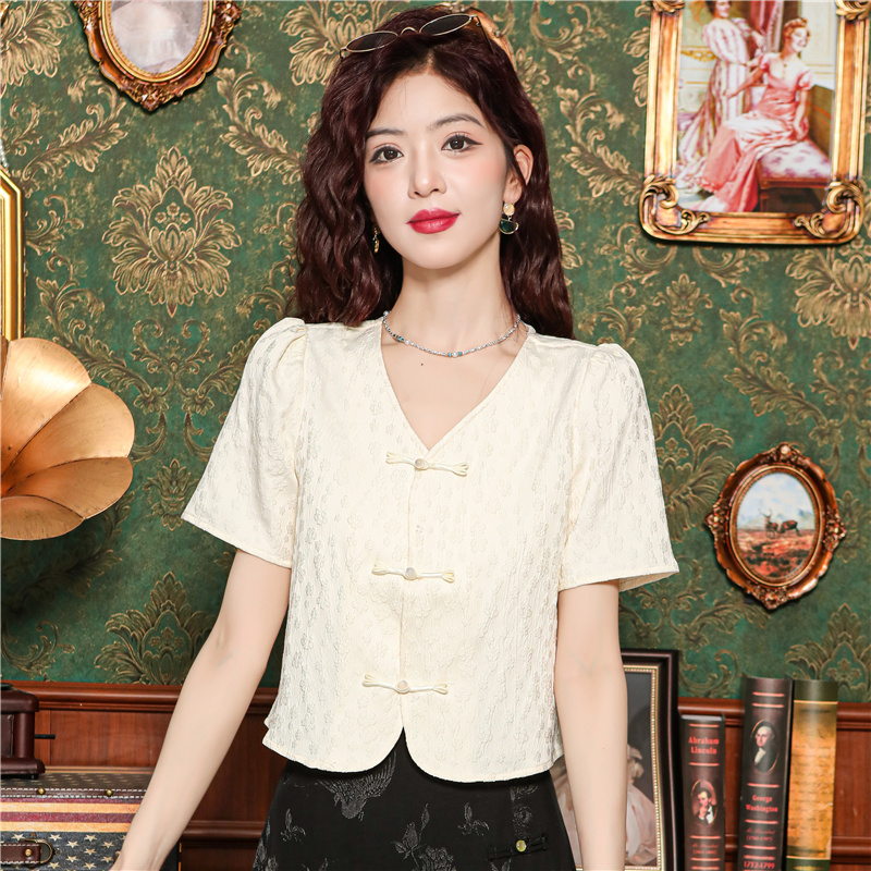 새로운 중식 2026 여름 새로운 국풍 디자인 센스 자카드 셔츠 출퇴근 미니멀리즘 단추 V넥 맨위 1224