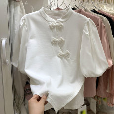 批发新中式国风复古短袖<b class='q'>t</b><b class='q'>恤</b>女夏季高档洋气不规则钉珠盘扣泡泡袖上衣