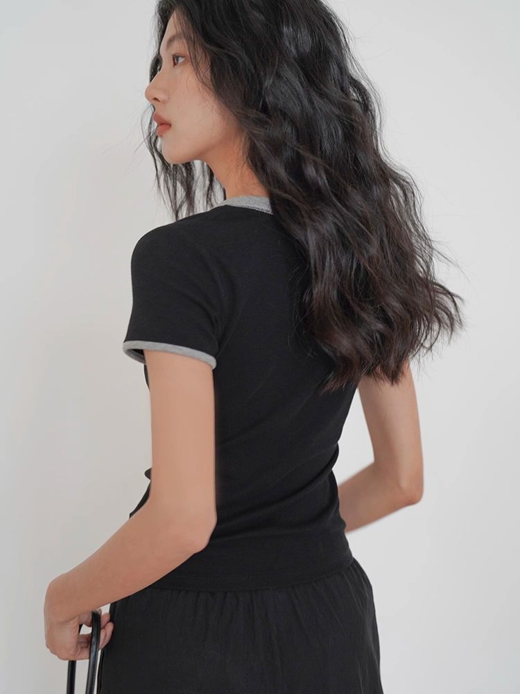 Contrast color splicing short-sleeved slim fit versatile top summer new buttoned half open collar T-shirt