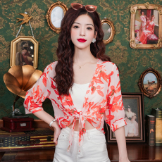 批发已出货小披肩外套女2026夏季<b class='q'>新款</b>小肩百搭雪纺印花防晒衣短款外搭