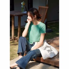 批发MISAZ夏日豆豆纱 俏皮开叉短袖上衣 <b class='q'>手工</b>撞色钩边针织衫