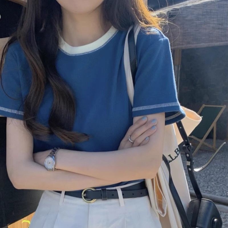 高级感明线撞色正肩短袖t恤女夏季设计感小众十三行韩系宽松上衣