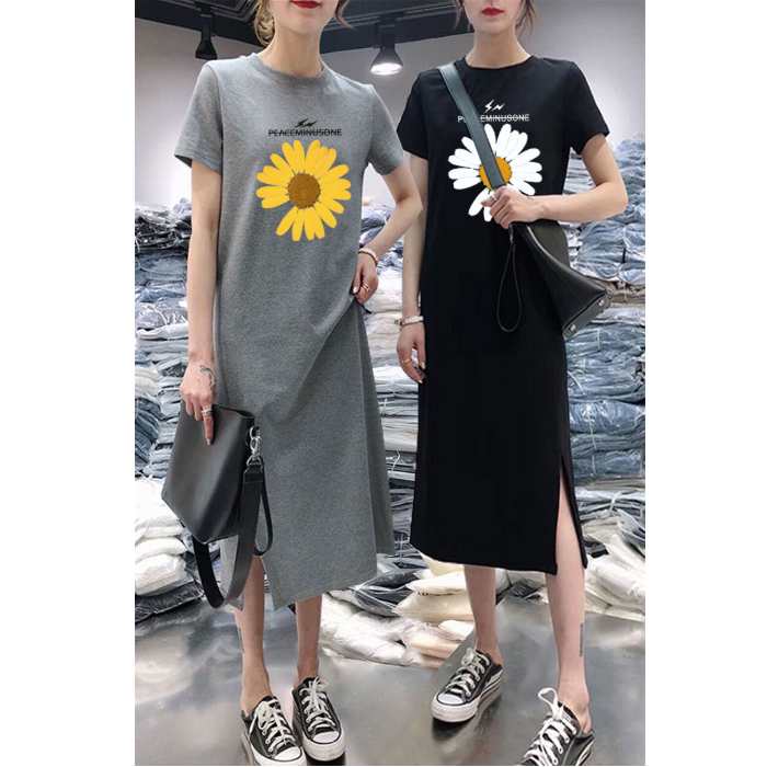 CP599#夏季短袖连衣裙女时尚休闲遮肚大码中长款过膝打底T恤裙子女