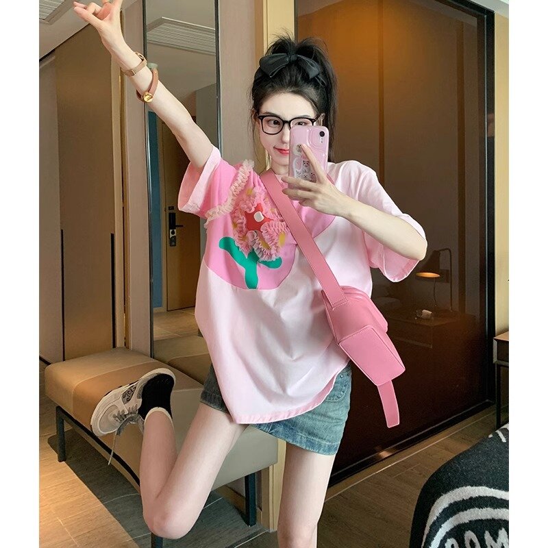 PF6279#粉色花朵短袖t恤女夏2024年设计感小众宽松百搭上衣女裝貨源...