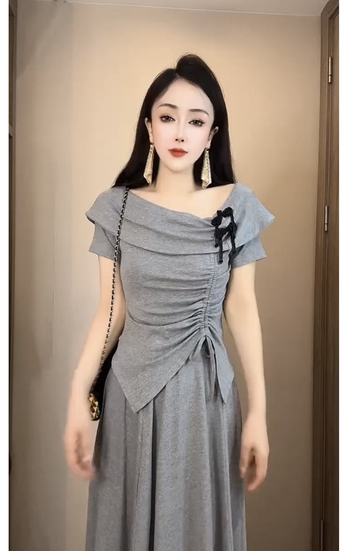 LN25414# 新中式时尚短袖不规则上衣半身裙长裙女夏高级感两件套装  服裝批發女裝批發服飾貨源