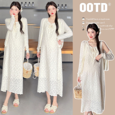 实拍2026春季季新款孕妇纯棉蕾丝宽松无袖背心连衣裙＋针织开衫