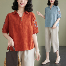 批发夏<b class='q'>装</b><b class='q'>短袖</b>套<b class='q'>装</b>洋气上衣两件套2026新款女休闲棉麻绣花衬衫t恤女