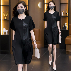 批发2025年夏装新款大码女装胖mm时尚宽松遮肚子拼接中长款短袖连衣裙