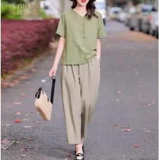 批发棉麻套装新款女装2026夏款时尚年轻妈妈短袖九分<b class='q'>裤</b><b class='q'>亚麻</b>薄款两件套
