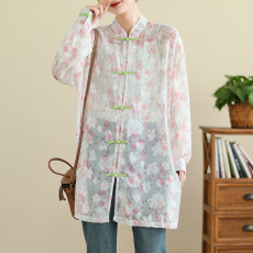 批发实拍新中式新款欧货复古印花中国风唐装长袖盘扣中长款衬衫防晒女