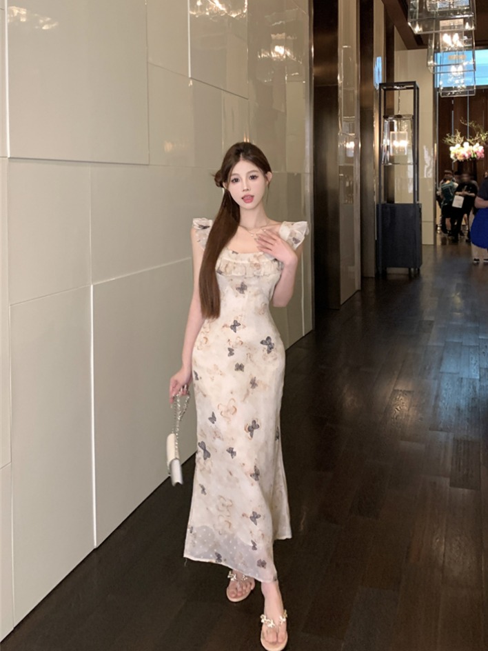 실사 새로운 나비 꿈 나라 롱 스커트 여름 프랑스식 몸매 가꾸기 품격 하이웨이스트 Feifei 소매 녹색 신선함 드레스