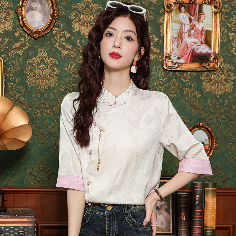 새로운 중식 실크 셔츠 여성 의류 7부 소매 봄 가을 여름 새로운 단추 작은 셔츠 국풍 자카드 당나라 맨위